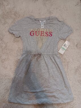 GUESS Girls' Gray Dress with Pink Logo and Gold Stud Triangle